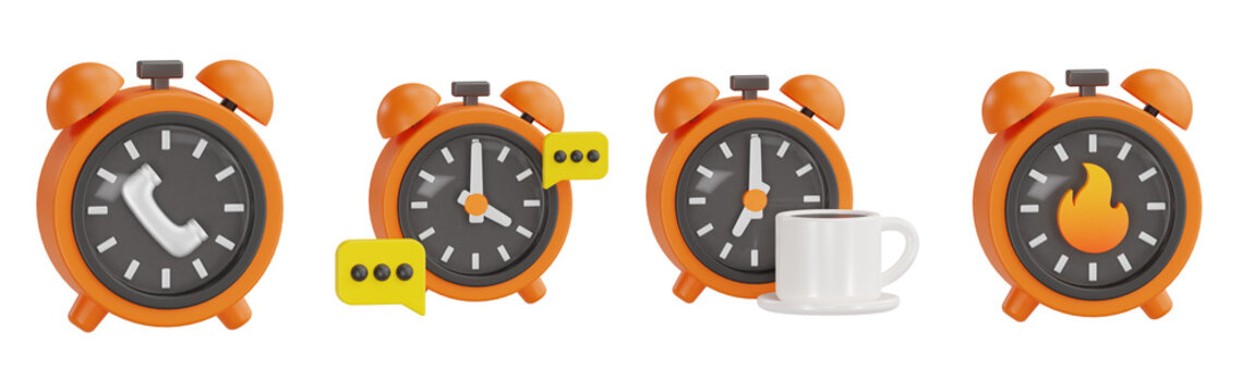 3D Alarm Clock Set with Phone Call Icon, Chat Bubble, Coffee Cup Break and Flame Urgent Concept