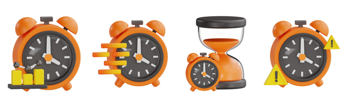 3D Time Management Set with Alarm Clock, Progress Bar Chart, Fast Motion, Hourglass and Warning Sign