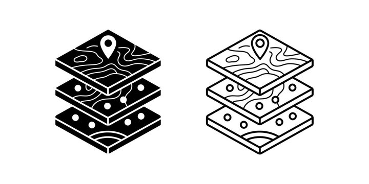 Isometric map layers icon with contour lines and navigation pins set high.