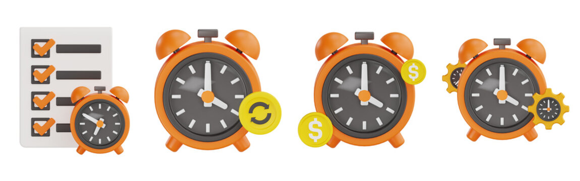 3D Business Productivity Set with To Do List, Alarm Clock, Update Sync, Money Dollar and Gears Concept
