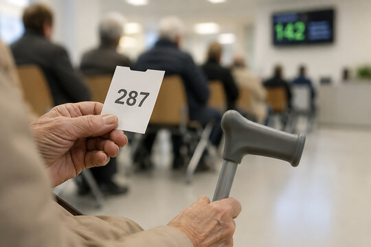 Senior Woman Taking a Queue Ticket at Hospital Check-In