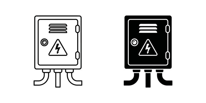 Industrial electrical control box icon with high voltage sign symbol.