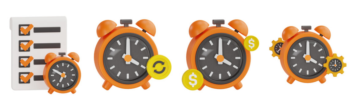 3D Business Productivity Set with To Do List, Alarm Clock, Update Sync, Money Dollar and Gears Concept