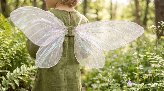 Child wearing transparent fairy wings in lush green garden setting with greenery
