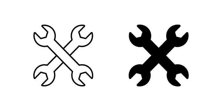 Crossed wrench spanner icons with black and white outline vector style.