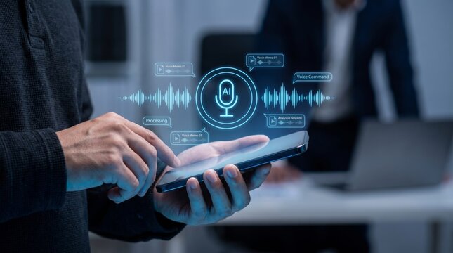 Person using a smartphone with a glowing voice recognition interface, displaying digital sound waves and a microphone icon, representing advanced mobile communication and smart technology