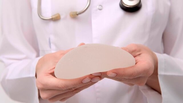 Doctor holding breast implants and explaining surgical options in a clinic, healthcare advertising, plastic surgery, patient consultation.