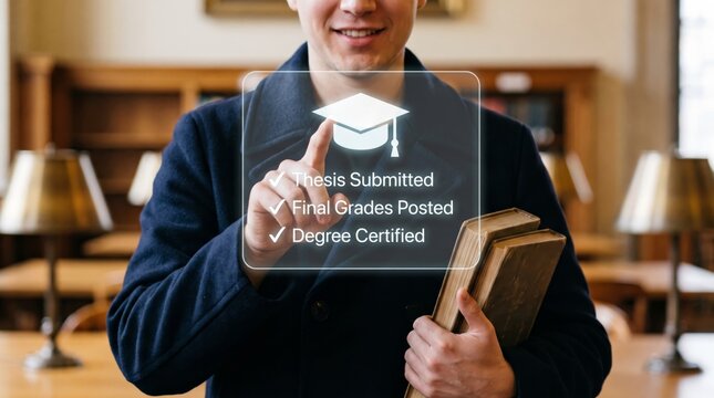 Student successfully confirms academic milestones and degree status on an advanced holographic interface, symbolizing digital education and future achievements in learning