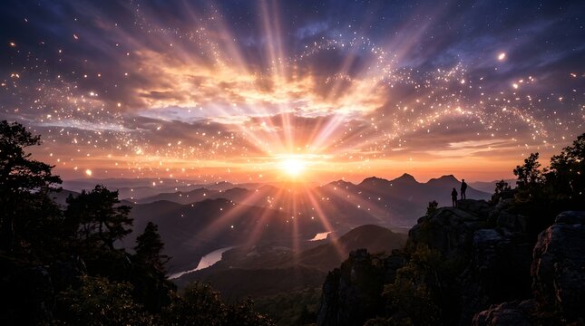 Magical Mountain Sunset with Glowing Sunbeams and Sparkles | Fantasy Landscape