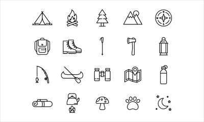Fototapeta premium Set of 20 line icons related to outdoor, camping. camp, tools, adventure, trekking. Editable stroke Vector illustration.