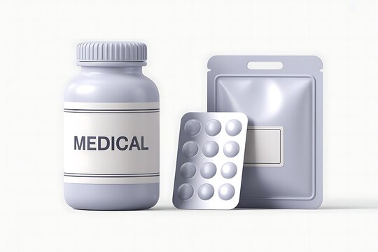 3d Cartoonish White medical bottles blister pack and sachet packaging isolated on white background 