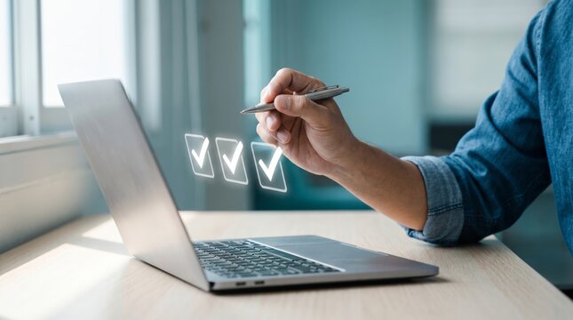 Professional hand interacting with a laptop, marking digital tasks with holographic checkmarks, symbolizing online verification, survey completion, and efficient workflow