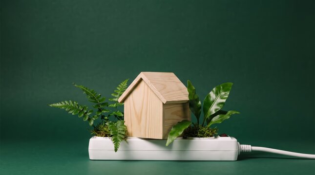 Sustainable home energy future. A miniature wooden house model nestled among green plants on a power strip, symbolizing eco-conscious living and responsible power use