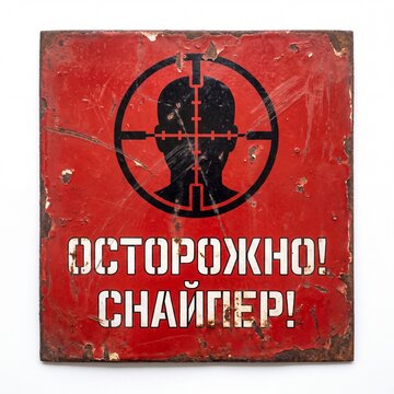 An authentic weathered red metal sign featuring a black silhouette in a crosshair with Russian text '&ETH;ž&ETH;&iexcl;&ETH;&cent;&ETH;ž&ETH;&nbsp;&ETH;ž&ETH;&ndash;&ETH;&ETH;ž! &ETH;&iexcl;&ETH;&ETH;&ETH;&trade;&ETH;&Yuml;&ETH;&bull;&ETH;&nbsp;!' (Caution! Sniper!).