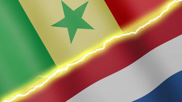 Two waving flags Senegal and Netherlands with diagonal lightning seamless, 4k loop