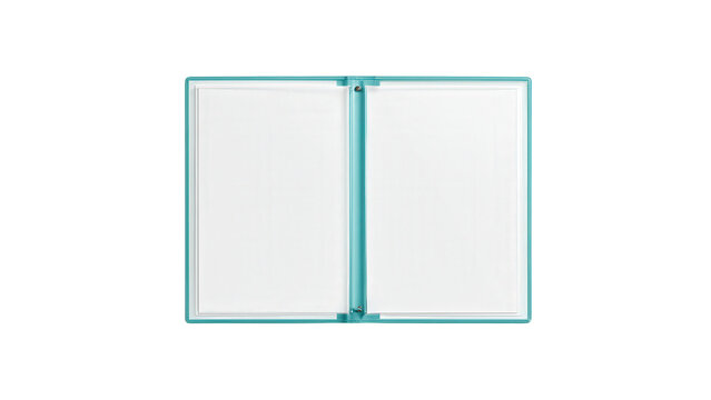 Open teal presentation binder with blank pages with paper inside on transparent background
