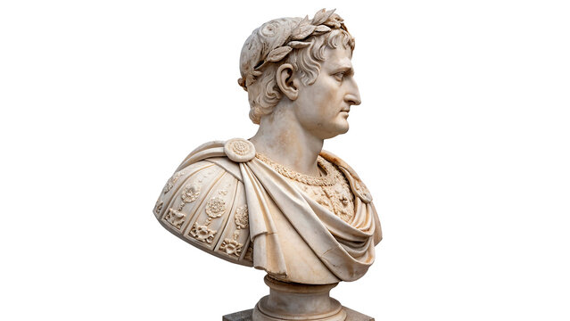 Classic white marble bust sculpture of roman emperor isolated on transparent background
