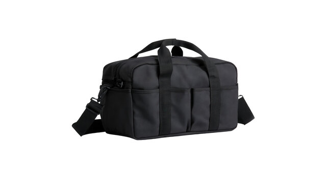 Black fabric equipment carrying bag with shoulder strap with professional on transparent background