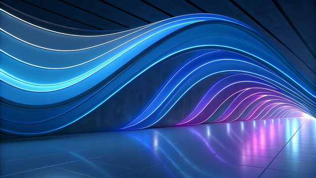 Abstract blue and purple neon light waves in a futuristic tunnel corridor background