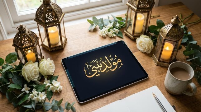 Tablet with Arabic calligraphy and lanterns on floral desk.