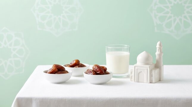 Table with dates milk and mosque model decoration.