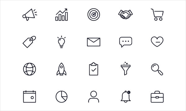 Set of 20 line icons related to sales and marketing. Outline icon collection. Vector illustration