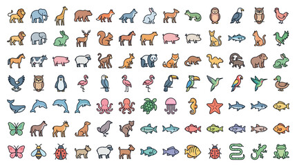 Fototapeta premium Set of various wild and domestic animal icons featuring colorful geometric shapes isolated on a transparent background