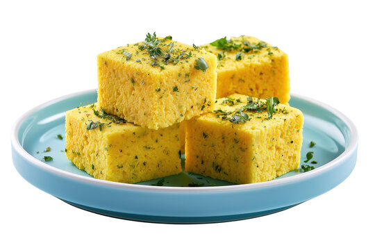 Four yellow savory dhokla cake squares garnished with fresh parsley on a blue plate