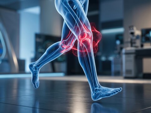 Running human knee joint anatomy x-ray scan in medical laboratory