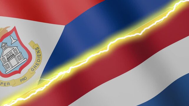 Two waving flags Sint Maarten and Netherlands with diagonal lightning seamless, 4k loop