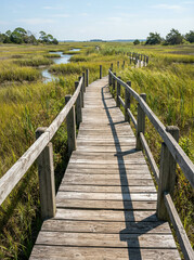 Fototapeta premium Wooden boardwalk leading through dense coastal marsh grasses beneath a blue sky