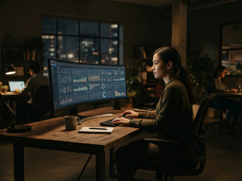 Analyst studying data charts on a curved monitor in a dim evening office