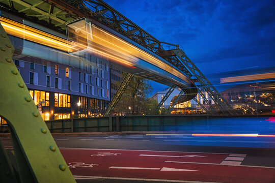 Wuppertal bey night - fast suspension railway, North Rhine-Westphalia, Germany