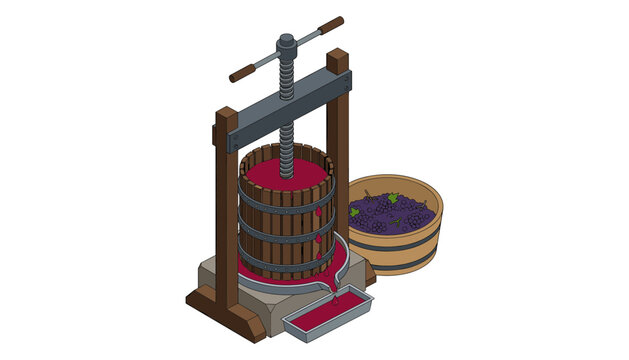  Isometric Traditional Wooden Wine Press Vector Illustration Featuring Fresh Red Grapes Juicing Basket and Screw Mechanism for Winery Production Concepts