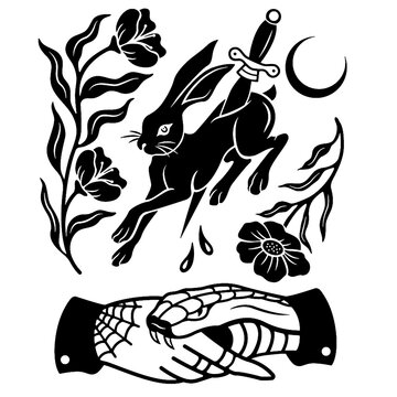 Edgy tattoo set: rabbit dagger, flowers, crescent moon, skeleton hand shake, bold silhouettes