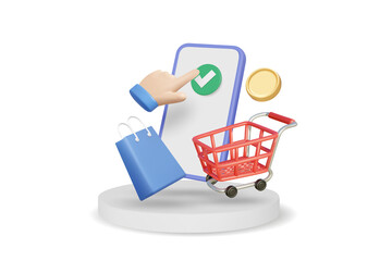 3d online shopping order success concept with hand touching mobile screen shopping cart podium podium gold coin and bag marketing payment isolated on transparent background png illustration © Khomkrid