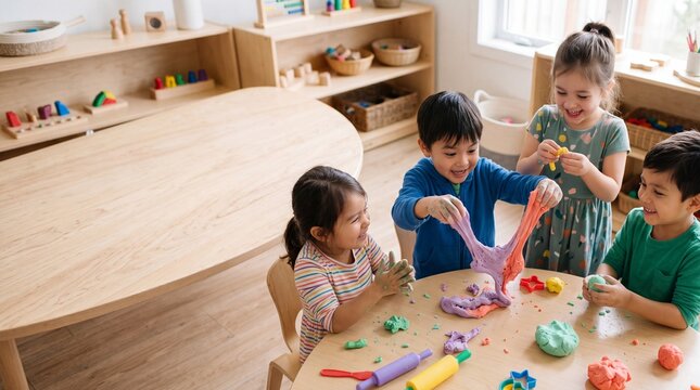Playtime and Learning: A group of happy young children are engaged in a playful and creative activity, molding colorful dough and slime on a wooden table in a bright.
