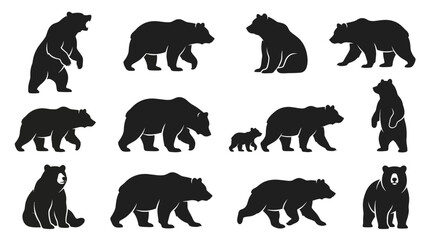 Fototapeta premium Set of black bear silhouettes in various poses including standing walking and sitting isolated on a plain background