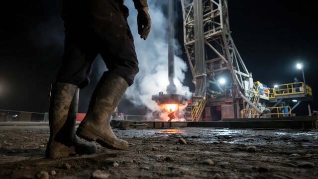 Oil rig worker standing in mud wearing rubber boots at night with a drilling derrick and bright industrial lights illuminating the dark sky