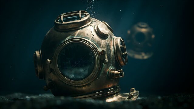 Vintage Diving Helmet Underwater with Bubbles and Dark Background