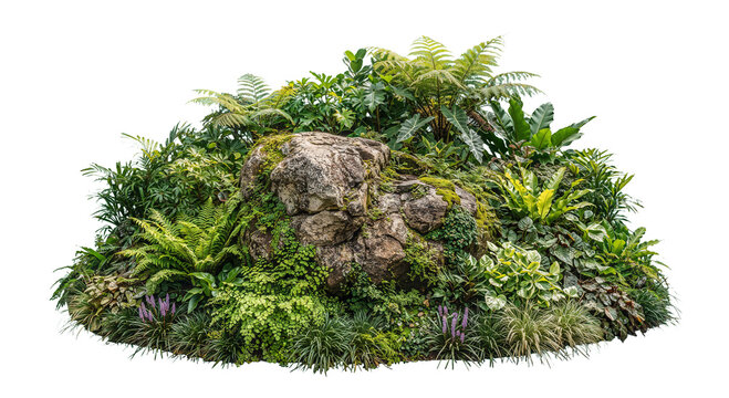 A garden decorated with rocks and tropical plants on a transparent background