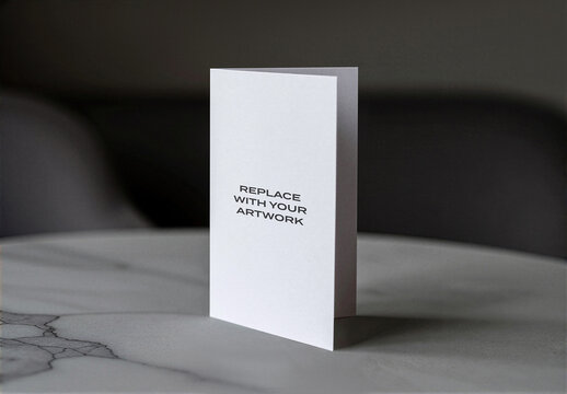 Folded card mockup standing upright on a marble surface in minimalist interior setting with soft lighting and dark background, template for stationery branding presentation