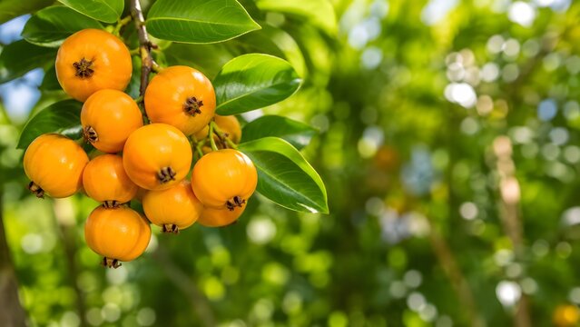 Vivid close up photo of ripe yellow uvaia fruits hanging in a cluster on a sunny tree branch suitable for tropical fruit guides organic agriculture and fresh juice advertisement.