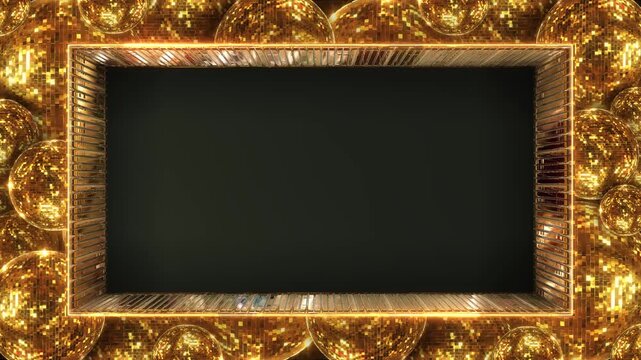 Sparkling gold disco-ball border a glamorous event template with clean center space, countdowns, luxury celebrations, nightclub promos, festive broadcasts, wedding events, premium branding.