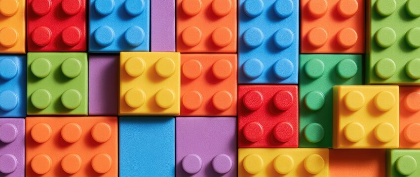 Close-up view of colorful interlocking building blocks arranged in a grid