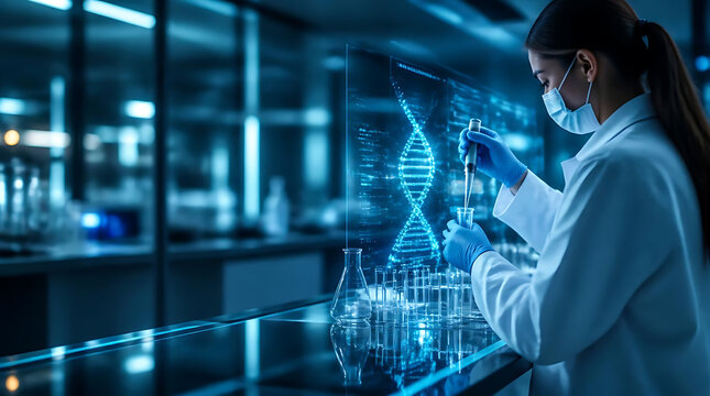 Futuristic laboratory scene showcasing advanced genetic research and molecular modeling with a scientist working on DNA analysis
