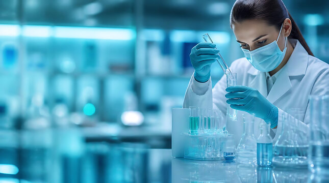 scientist conducting laboratory experiment with test tubes and pipette in sterile environment emphasizing scientific research