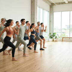Fototapeta premium Group of diverse people performing dynamic fitness exercise in bright modern sunlit studio space
