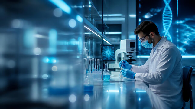 scientist conducting DNA research in advanced laboratory with cool blue lighting and modern equipment