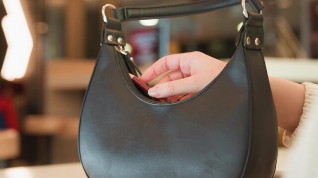 Close-up view of textured black pebbled leather crescent handbag on metal hook in store as hand inserts slim red wallet into opening, with subtle tilt, finger motion, and warm indoor retail lighting
